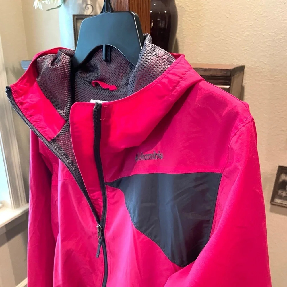 Columbia girls hooded windbreaker jacket full zip SZ L pink gray - Picture 7 of 13